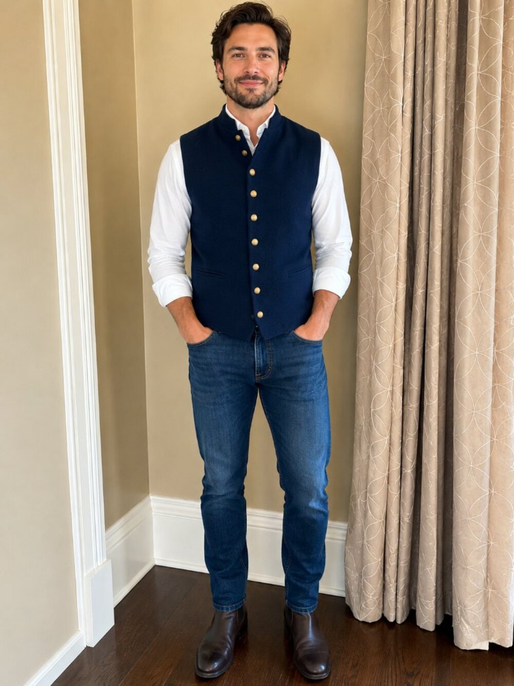 Ralph Lauren Double RL Navy Wool Stand-Collar Vest with Gold Buttons